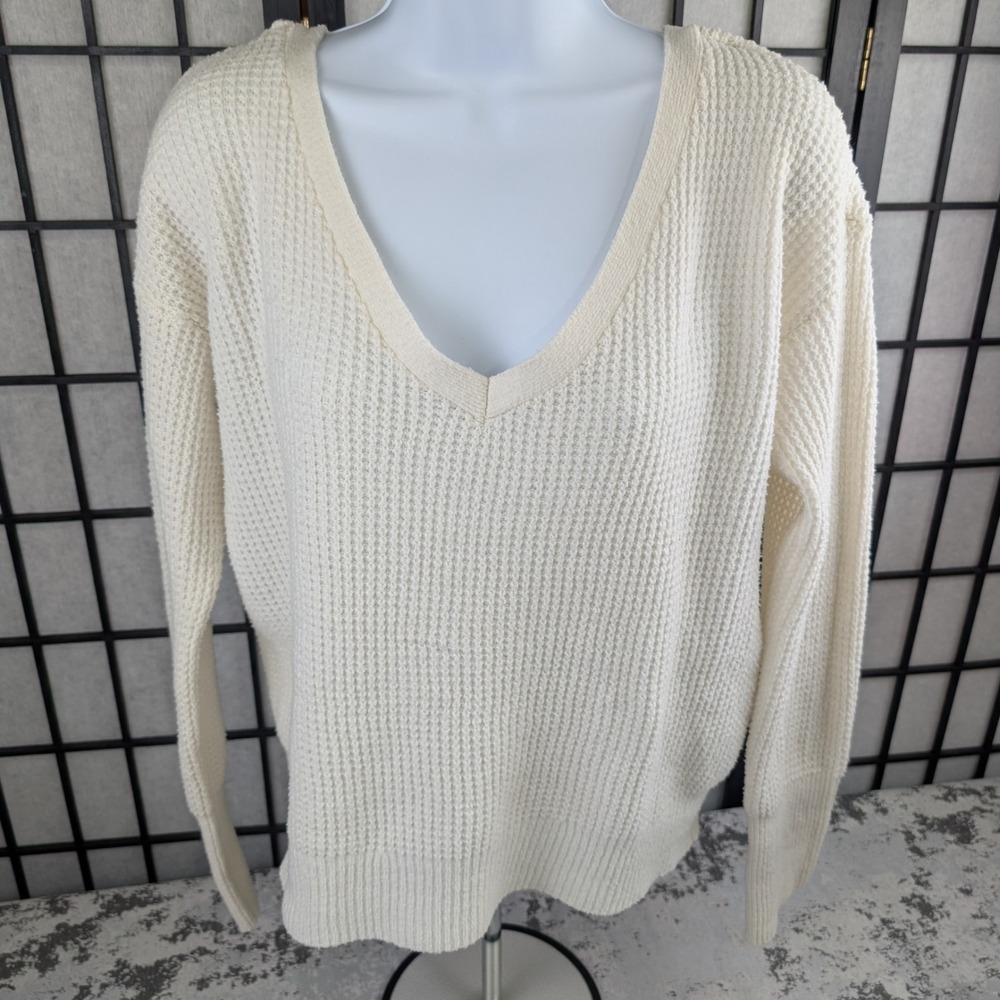 Maeve Anthropologie Cream Waffle Knit V Neck Back Cross Back Sweater Medium